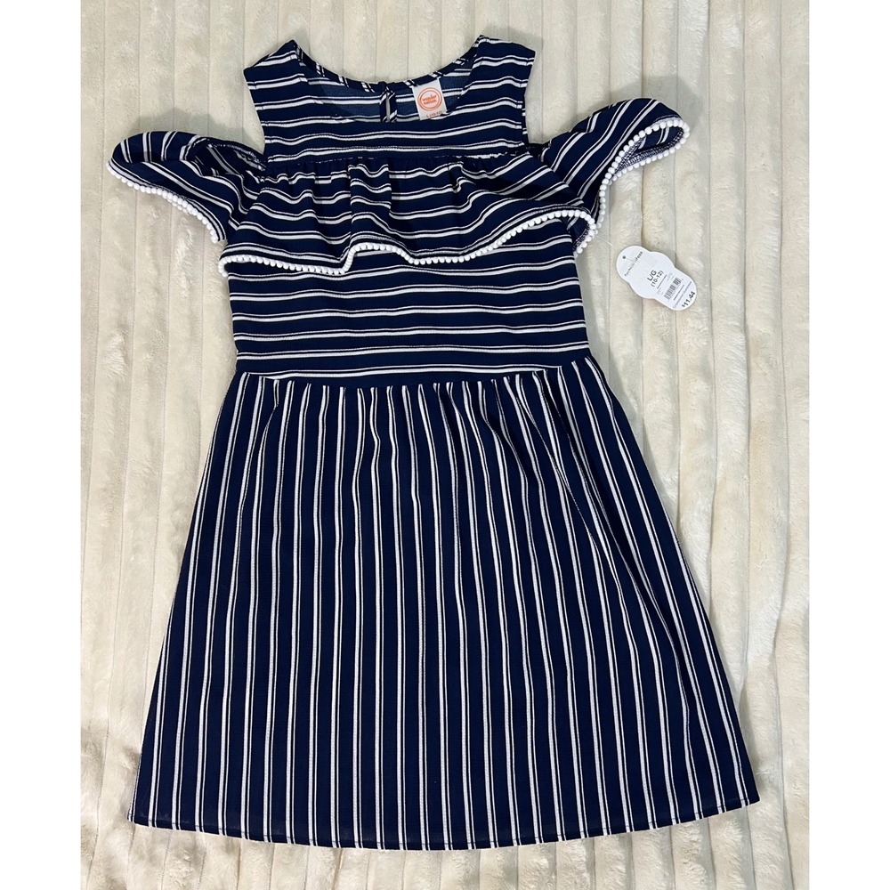 Wonder Nation‎ Girls Navy White Striped Cold Shoulder Pom Pom Dress L 10-12 NEW